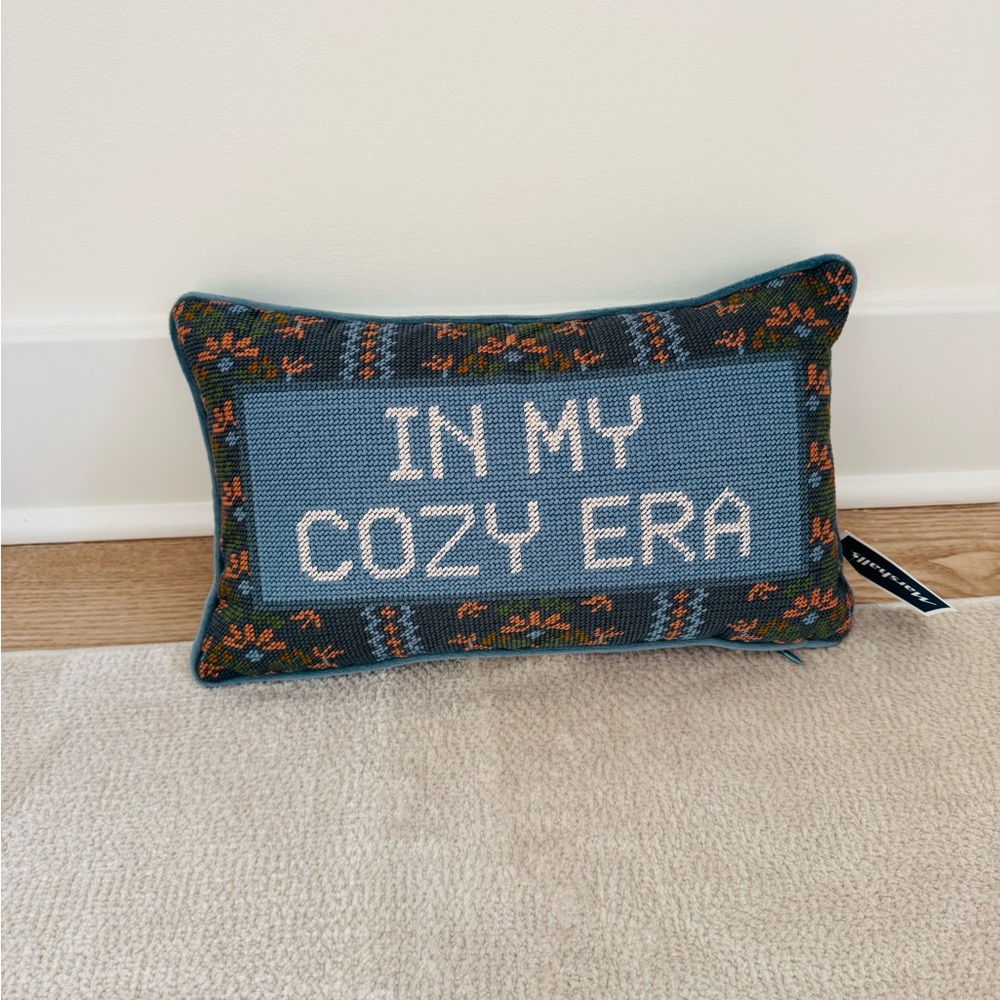 Cozy Era Decorative Needlepoint Pillow - Blue and Orange Stitching NWT